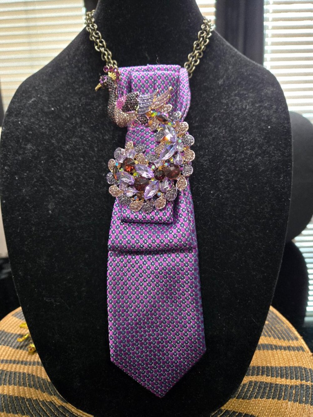 Decorative Silk Tie Necklace with Brooch